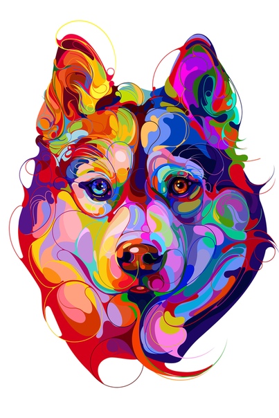 Яркие картины собак Марины Охроменко Вихревые пятна, меха и пестрые глаза характеризуют эмоциональных собак на цифровых иллюстрациях Марины Охроменко. В надежде запечатлеть разную степень