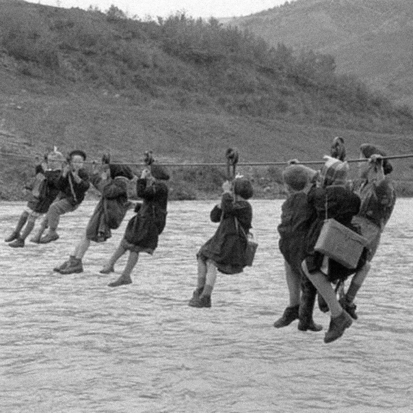 Фото, Модена, Италия, 1959 г. Дети пересекают реку на троллее, чтобы попасть в школу.