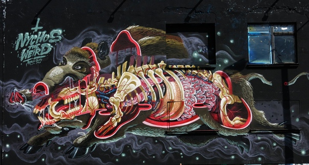 Никос и его анатомичные граффити Увлеченный стилем стрит-арт, известный уличный художник Никос демонстрирует зрителю своих «разобранных» героев. Животные, скелеты, мультипликационные персонажи,