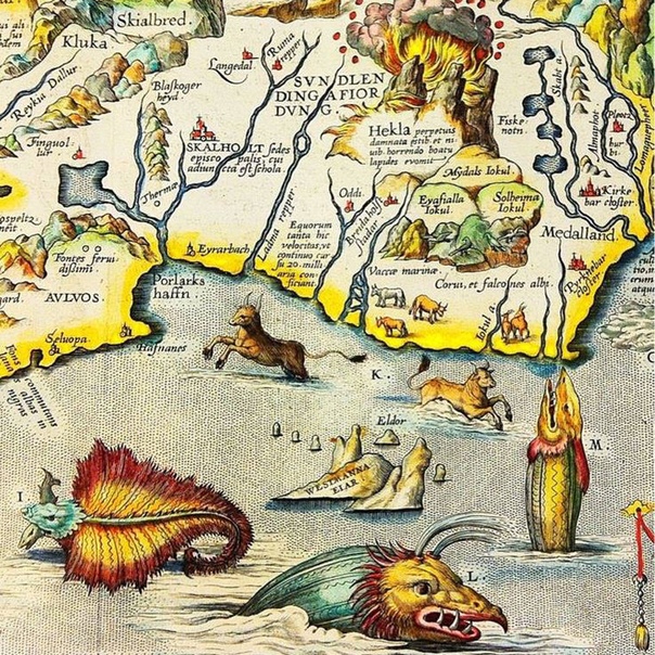Полюбуйтесь, какие замечательные морские монстры водились на старинных картах  в данном случае на карте Исландии 1594 года
