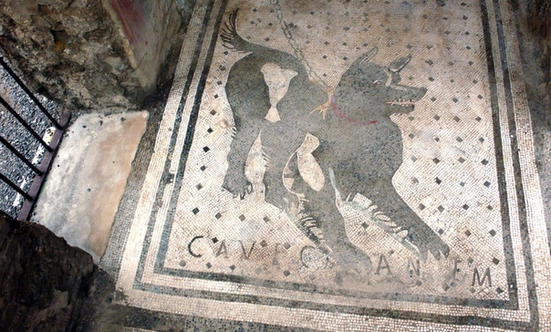 Один из старейших в мире знаков «Берегись собаки», в виде мозаики на руинах Помпеи, Италия.
